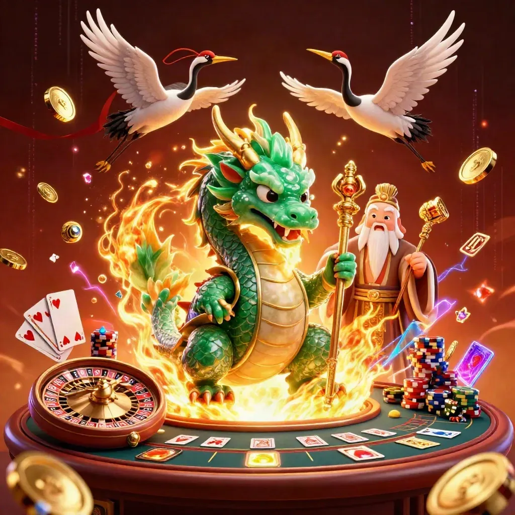 Emerald dragon, turtle sage, and cranes amid casino gold, spinning wheel, cards, and chips