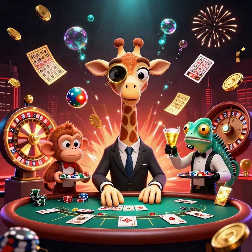 Giraffe, monkey valet and chameleon bartender amid casino treasure, coins, fireworks and neon glow.