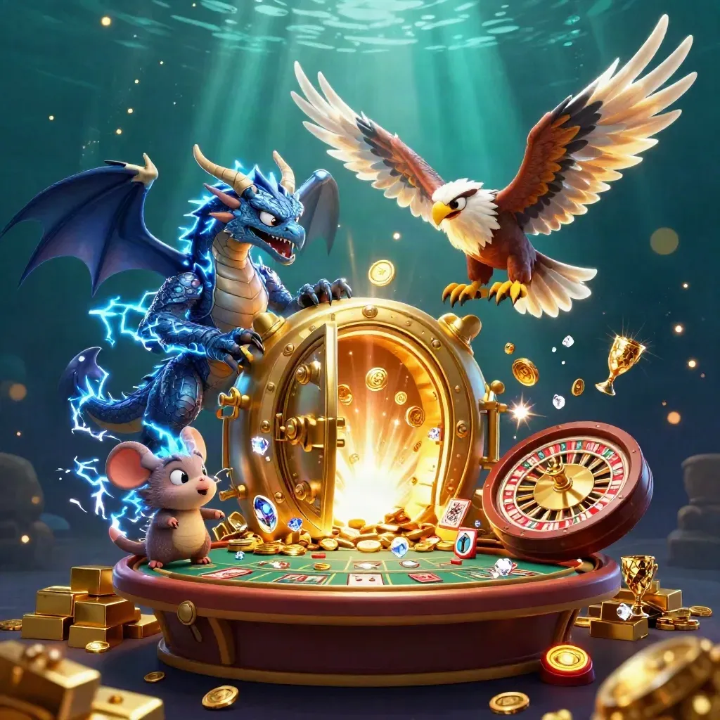 Thunder dragon, glowing hawk and static mouse burst from a vault amid coins, gems and casino props.