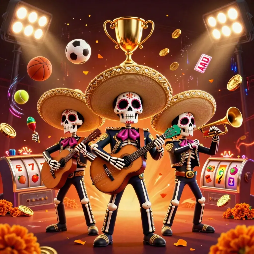 Three Day-of-the-Dead mariachi skeletons amid casino lights, balls, coins, reels and neon sparks.