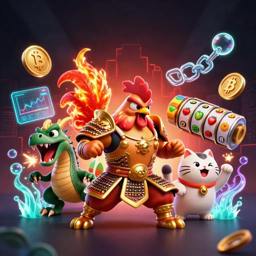 Rooster warrior, dragon hatchling, and fortune cat amid casino symbols and glowing coins, gold-lit on dark navy.