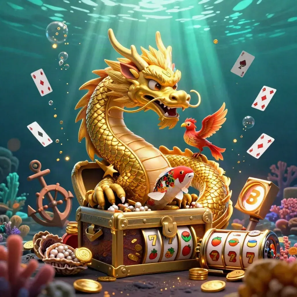 Golden dragon, phoenix, and koi amid casino treasure in a glowing underwater cove.