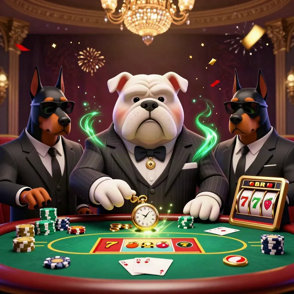 Bulldog casino boss with two Dobermans at a poker table amid chips, aces, reels, and jackpot glow