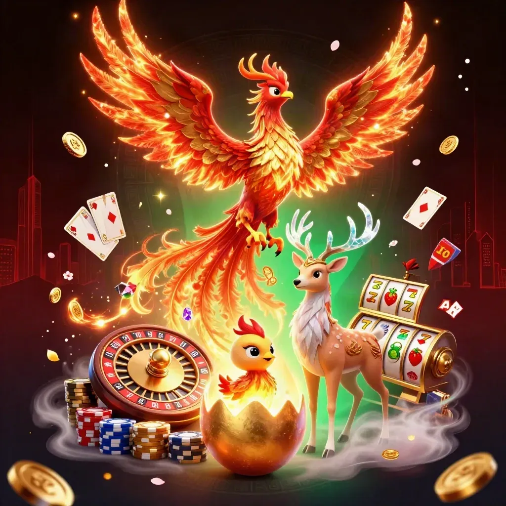 Phoenix, baby phoenix, and crystal stag amid coins, cards, roulette, and glowing casino effects.