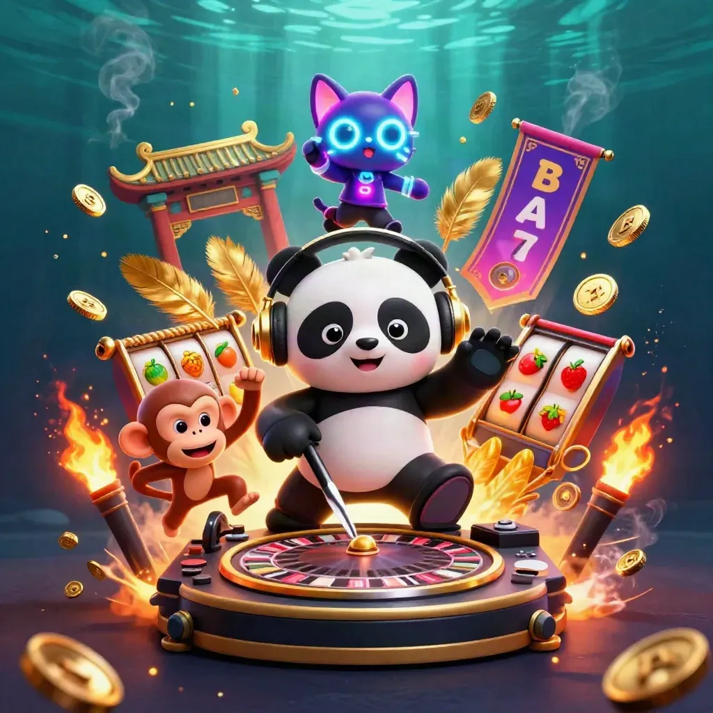 DJ panda, breakdancing monkey, and rave kitten amid casino effects, coins, and slot symbols