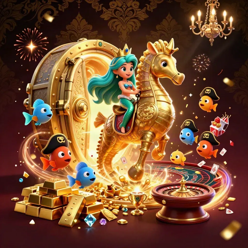 Mermaid princess on armored seahorse amid gold, cards, roulette wheel, and casino sparkle.