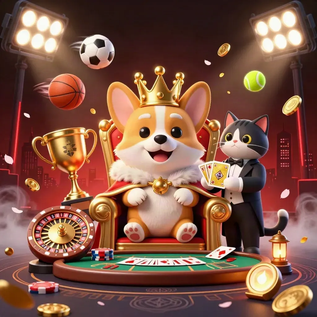 Royal corgi king and cat butler amid casino treasures, sports balls, lights and glowing chips