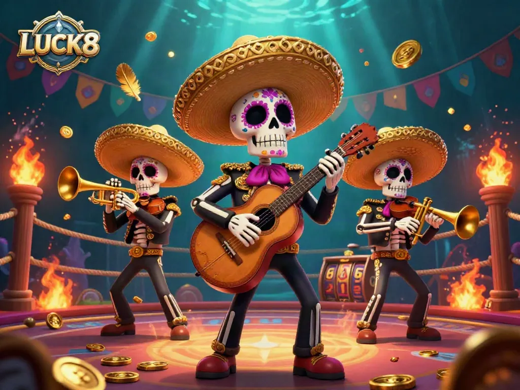 Play exciting games at LUCK8 amidst vibrant mariachi skeletons and dynamic casino elements.