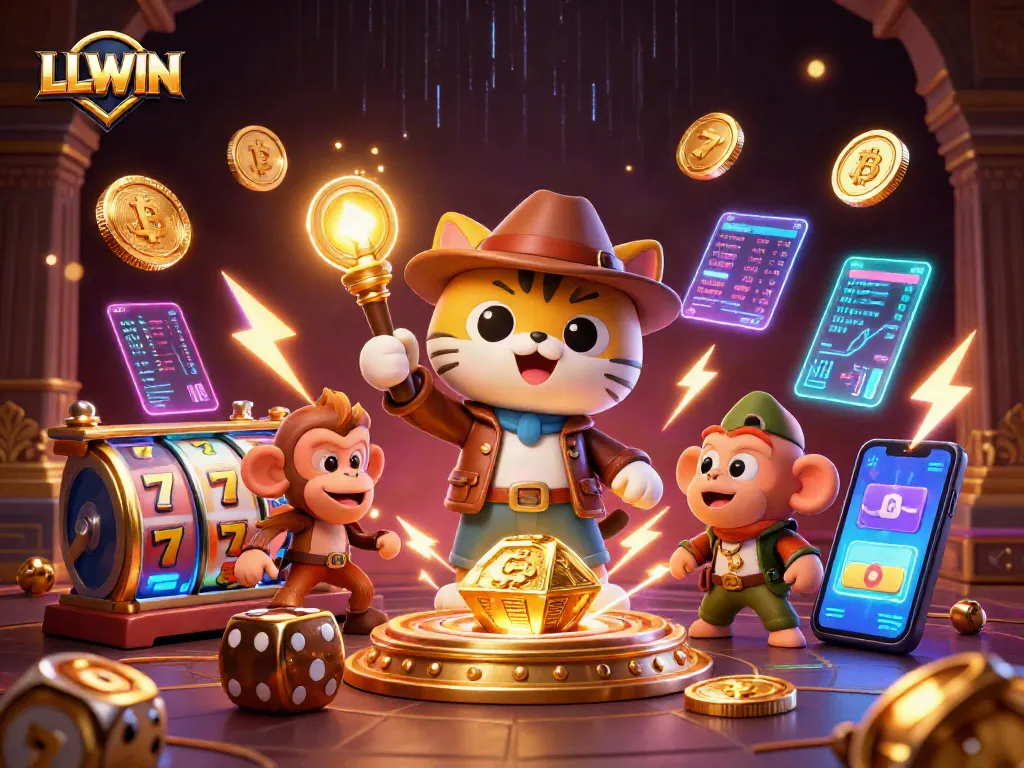 Experience the thrill of LLWIN with a cartoon explorer and golden casino discoveries amidst vibrant gaming elements