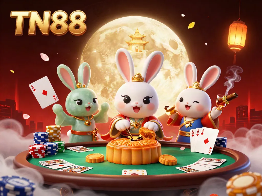 Engage with TN88 in this vibrant 3D scene where moon rabbits reveal hidden poker chips amidst a rich casino setting.