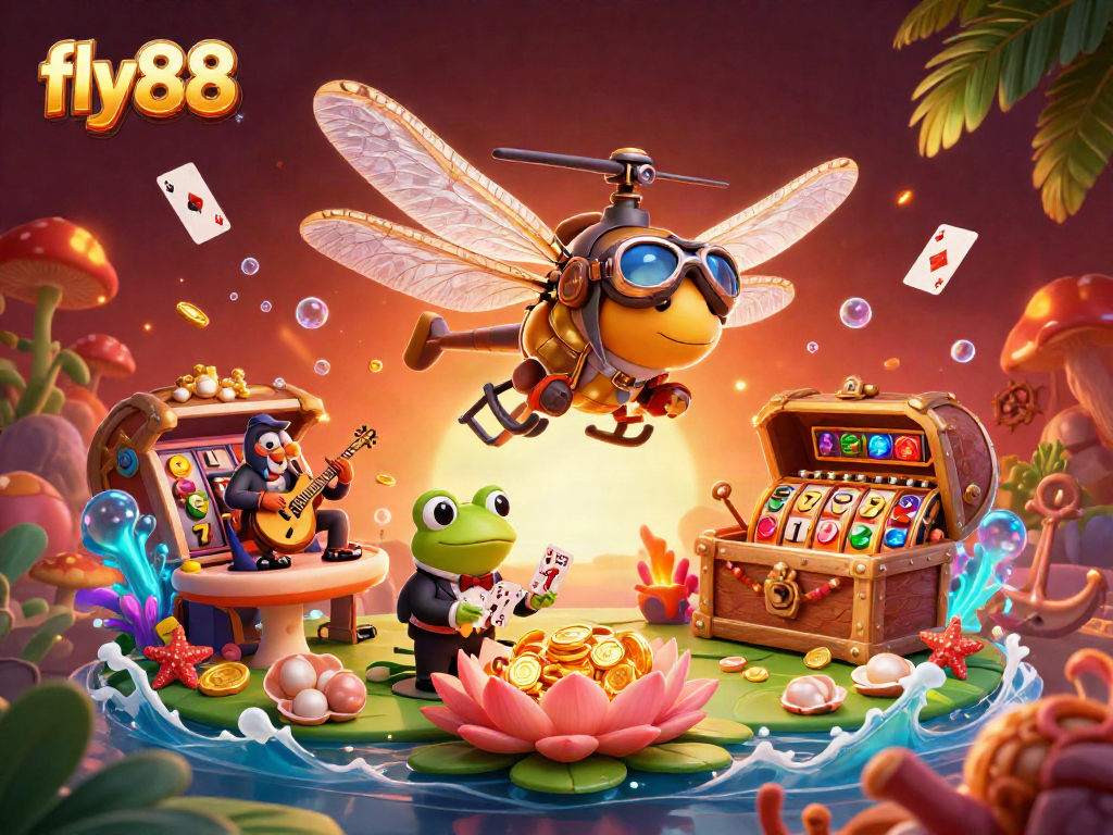 fly88 engages players with vibrant casino elements, featuring a dragonfly pilot and frog croupier.