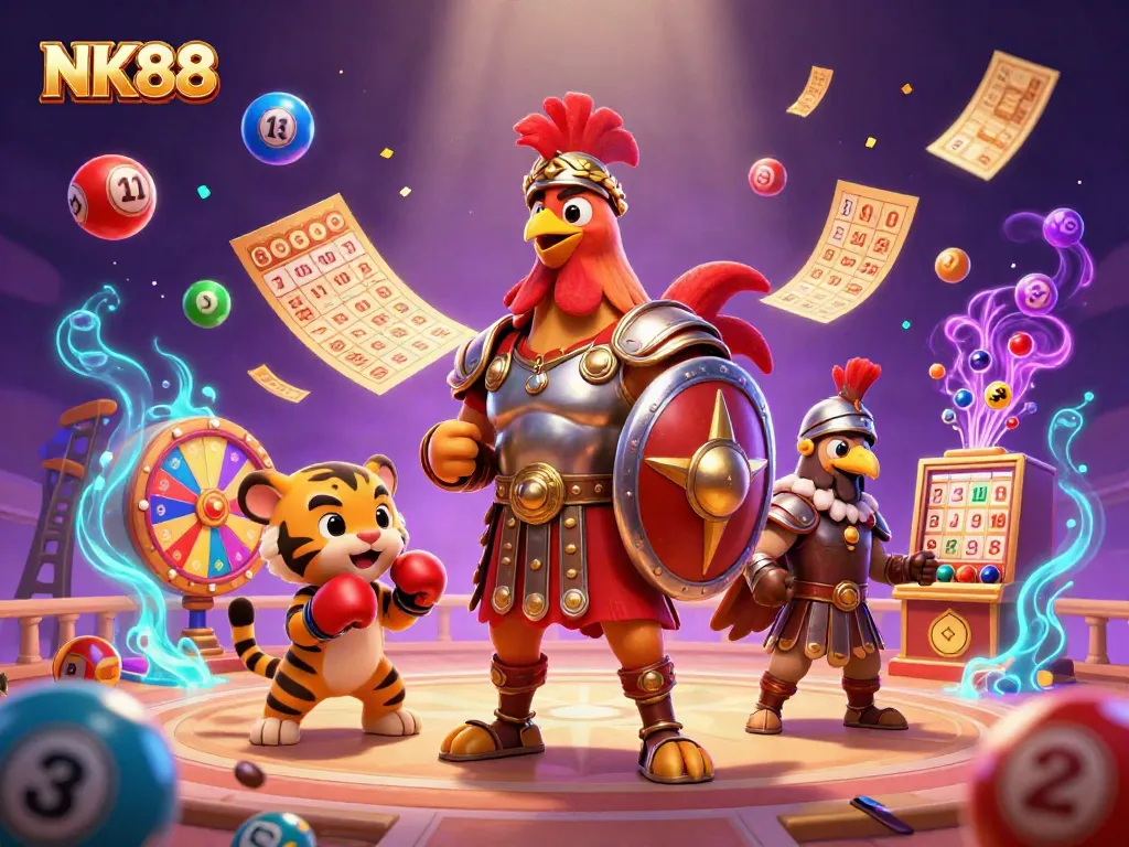 Experience NK88 excitement with vibrant lottery elements and engaging characters in an electrifying scene.