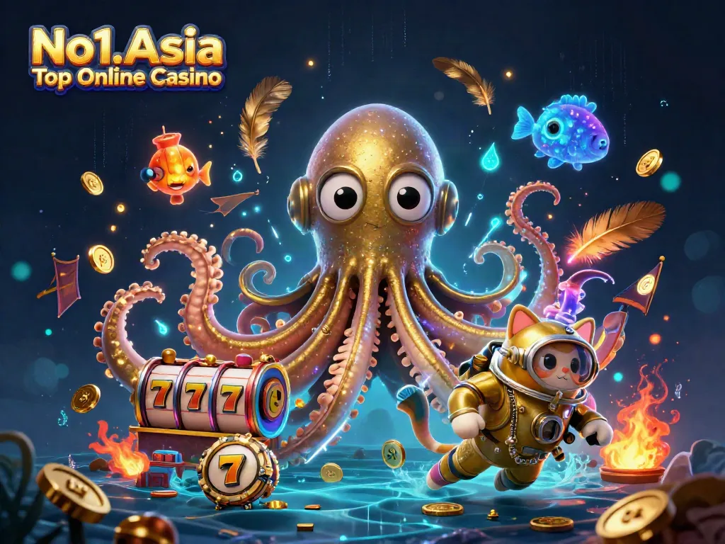 Experience the thrill at No1.Asia Top Online Casino with an animated kraken and festive gaming elements.