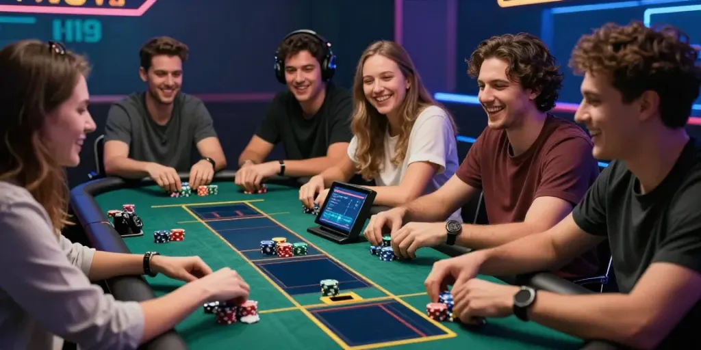 Friends enjoying live casino games at H19 com with vibrant atmosphere.