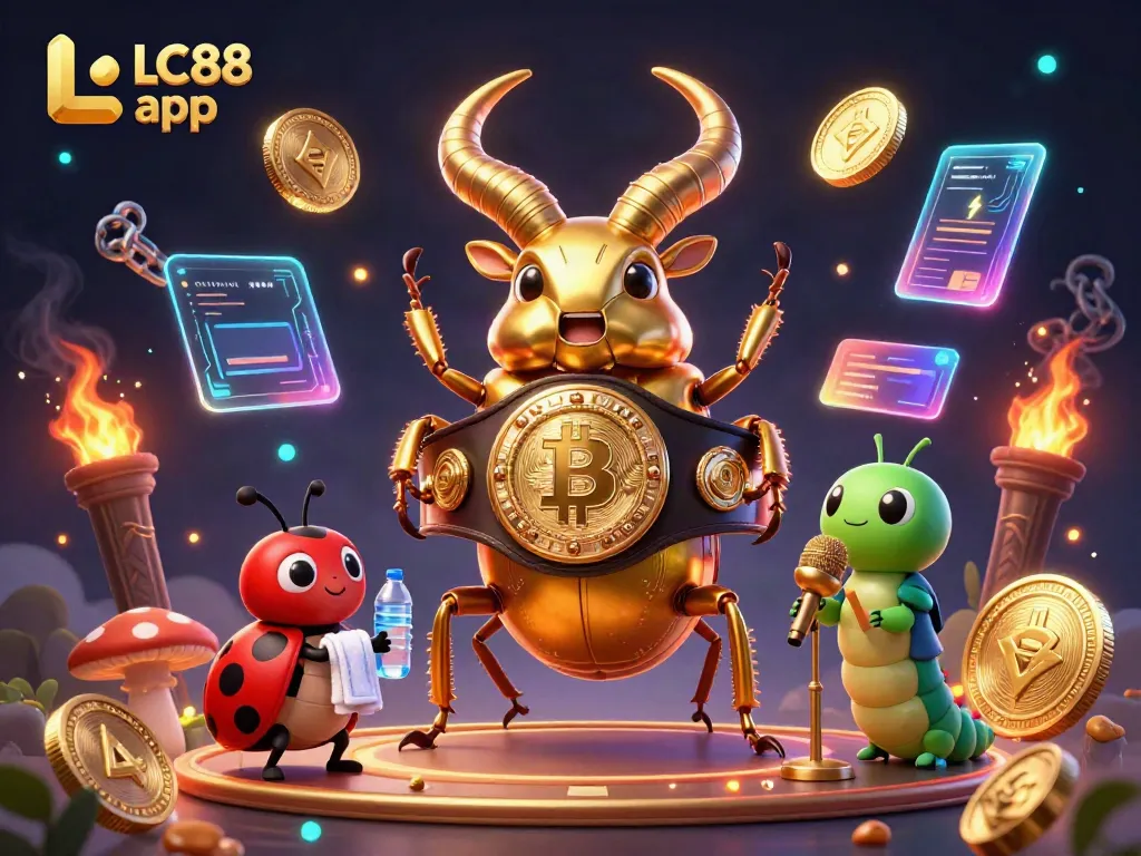 Engage with the vibrant LC88 app scene featuring a golden stag beetle and casino symbols.