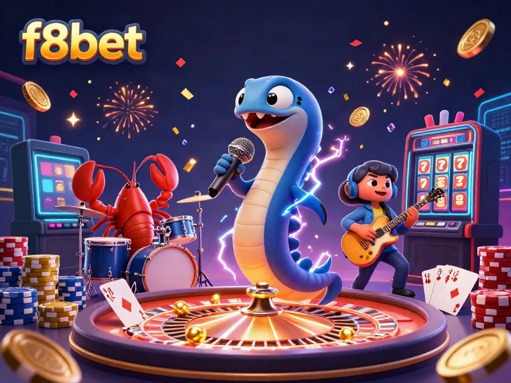 Experience the underwater casino atmosphere with F8Bet's dynamic music scene featuring an electric eel DJ, lobster drummer, and seahorse guitarist.