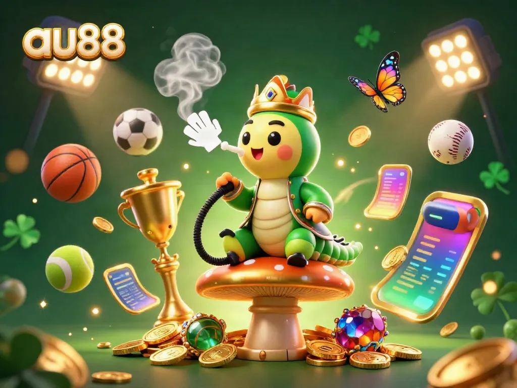 Experience the vibrant world of au88 with a unique gambling scene featuring a whimsical caterpillar sultan amidst sports and games.
