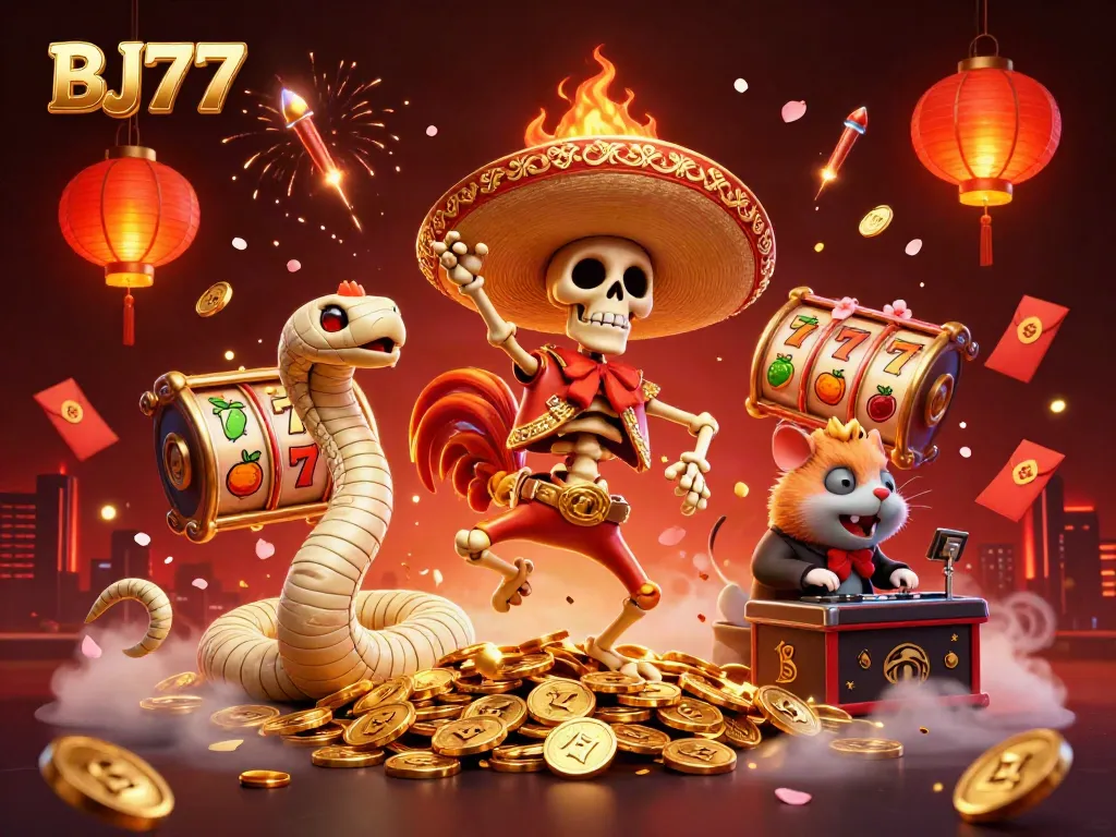 Engage with BJ77 online gaming through a vibrant 3D illustration of a lively casino scene.