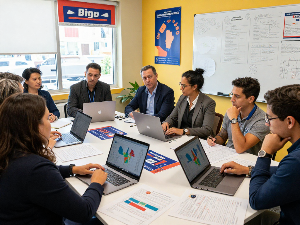 Team strategizing mayoral campaign marketing with data analysis and planning.