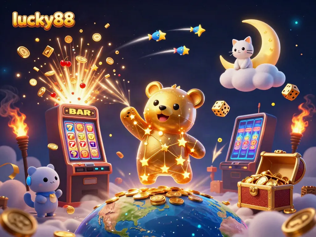 Engage with the thrilling lucky88 experience as the constellation bear scoops coins amidst dazzling jackpot elements.