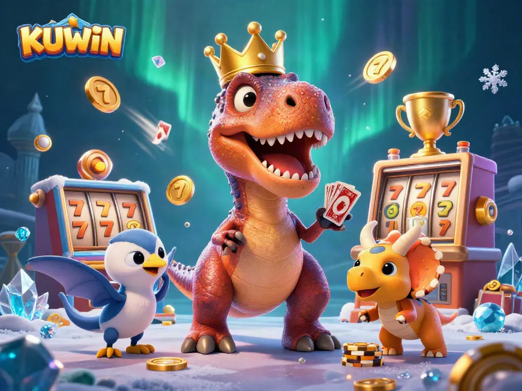 KUWIN casino scene featuring a friendly T-Rex juggling slot reels and chips in a vibrant atmosphere.