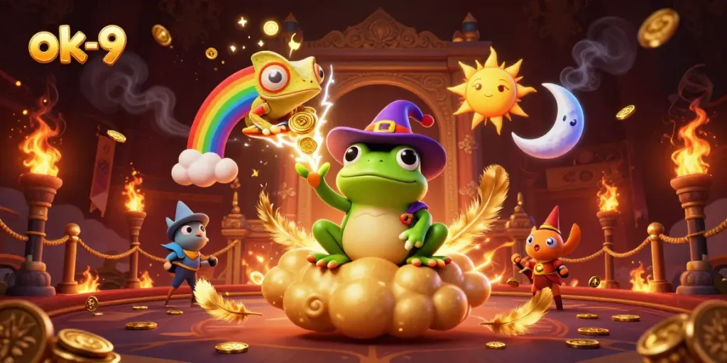 Engage in thrilling gaming with ok-9, featuring vibrant cartoon characters amidst golden casino elements.