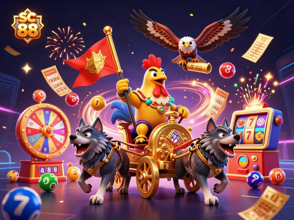 Engage in thrilling casino excitement with sc 88 as a rooster warlord leads the adventure amidst golden symbols and lottery elements.