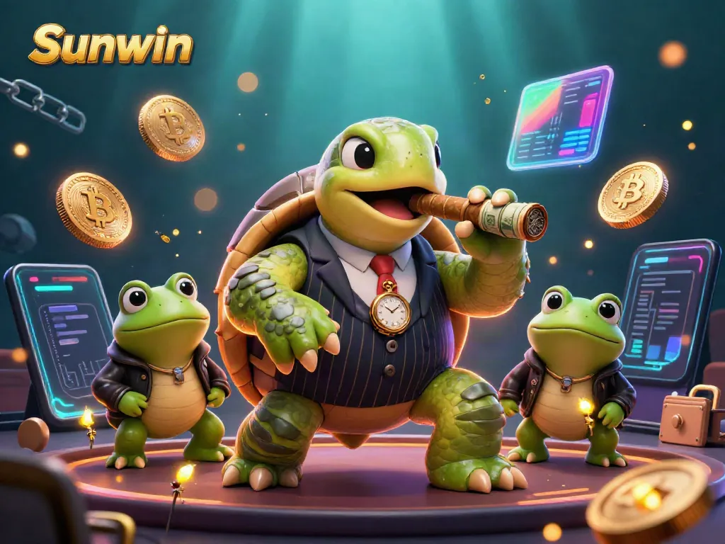Experience thrilling gaming at Sunwin with cartoon characters enjoying a vibrant casino atmosphere.