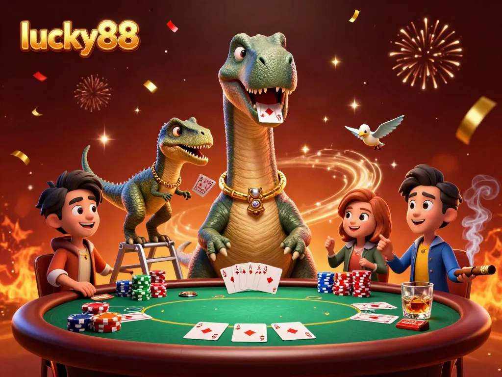 Experience the thrill at lucky88 with a playful dinosaur in a vibrant casino scene.