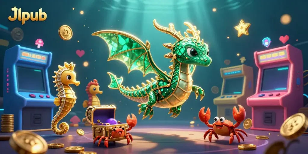 Engage with the vibrant Jlpub gaming realm featuring a majestic emerald sea dragon and arcade elements.