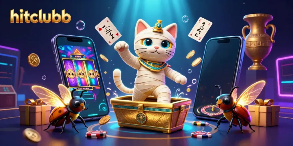 Experience the thrill of hitclubb with an animated scene featuring a mummy cat and casino games.