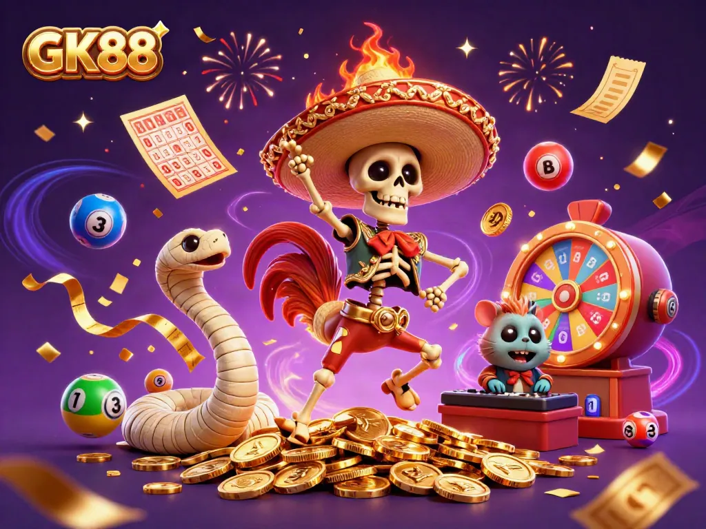 Celebrate winnings with GK88 in a vibrant scene featuring a dancing skeleton rooster, mummy snake, and DJ hamster!