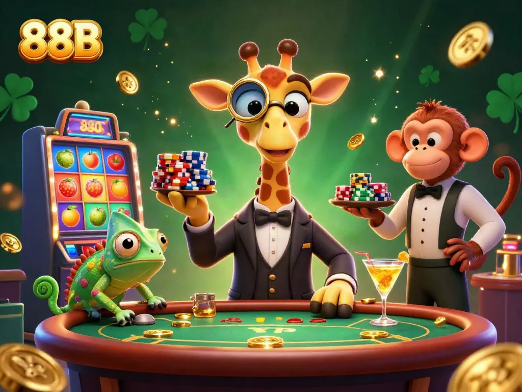 Experience the allure of 88B with a vibrant casino scene featuring characters and gaming elements.