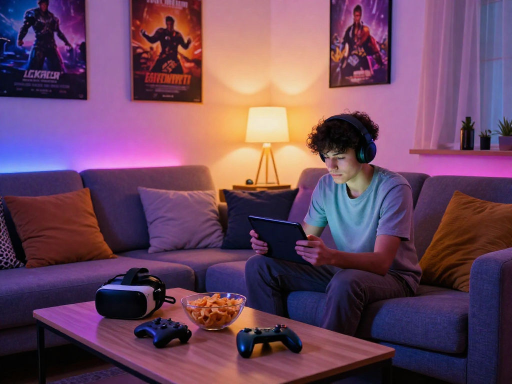 Enjoy playing porn games online in a cozy home environment with vibrant gaming accessories.