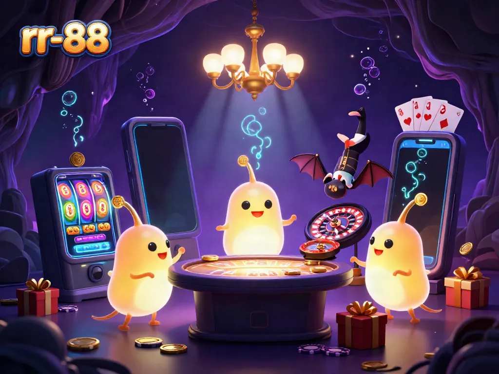 Experience vibrant gaming at rr-88 with a lively glowworm casino scene, featuring a bat dealer and colorful gaming elements.