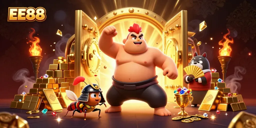 Experience the action at EE88 with a dynamic casino scene featuring a powerful sumo rooster and a fierce samurai cricket.