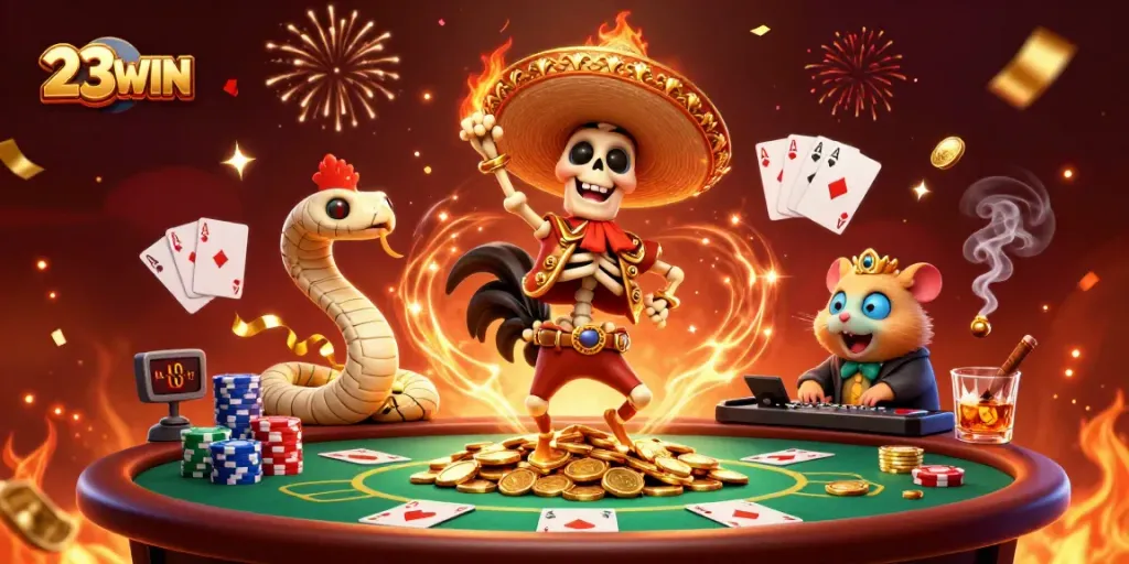 Engage with 23WIN's vibrant casino scene featuring animated characters celebrating wins