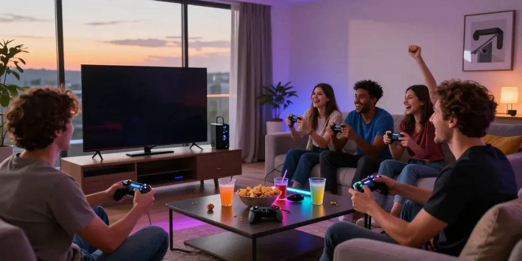 Exciting friends enjoying Gem88 gaming together in cozy living room.