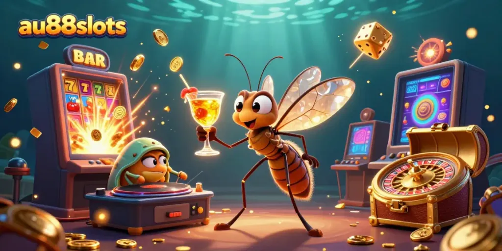 Experience excitement at au88slots with dynamic casino characters in a lively 3D illustration.