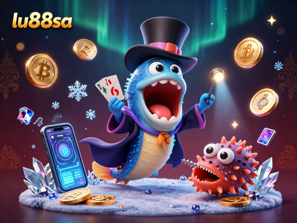 Watch the lu88sa magician eel dazzle in an underwater casino showcasing crypto coins and magic tricks.