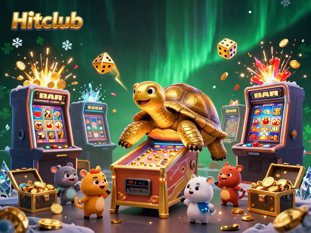 Hitclub gaming scene with a golden tortoise, slot machines, and dazzling jackpot effects.