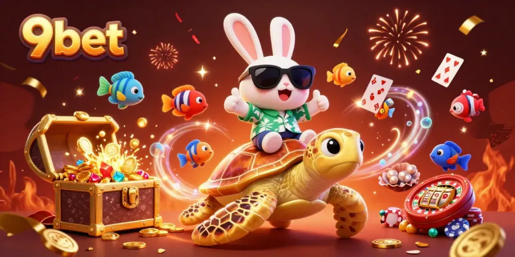 Engage with 9bet's live casino excitement, featuring a lucky rabbit and golden turtle in a vibrant underwater scene.