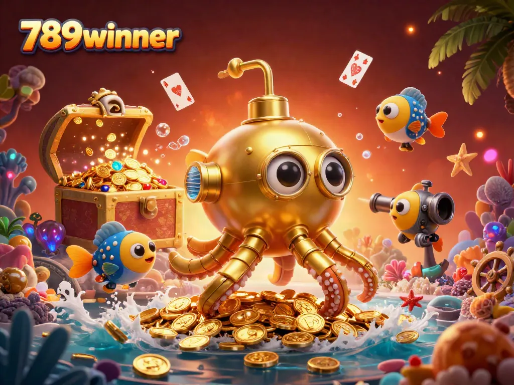 Engage with the 789winner world as the golden kraken submarine reveals treasure and playful fish amidst casino excitement.