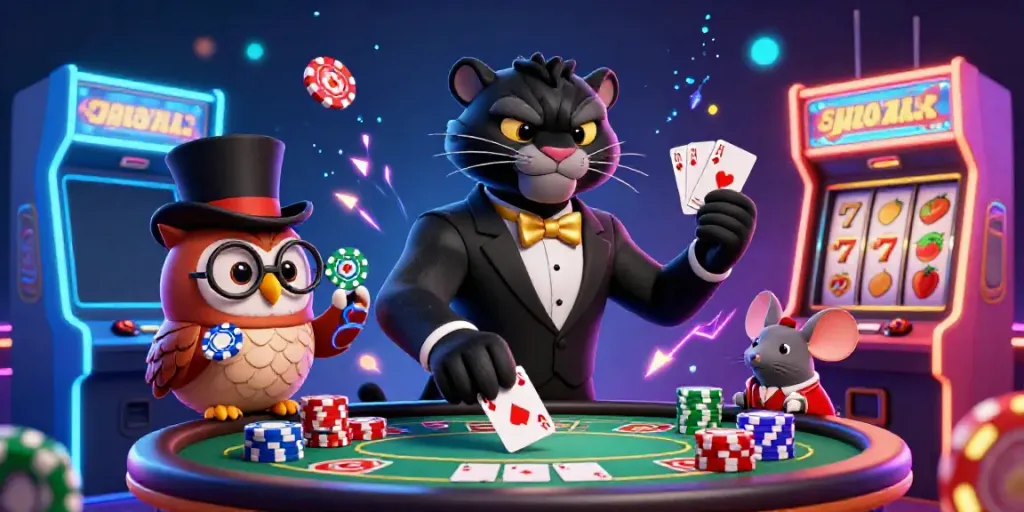 Experience luxurious gameplay at hm88 with a stylish panther dealer, owl with poker chips, and lucky mouse in a vibrant casino scene.