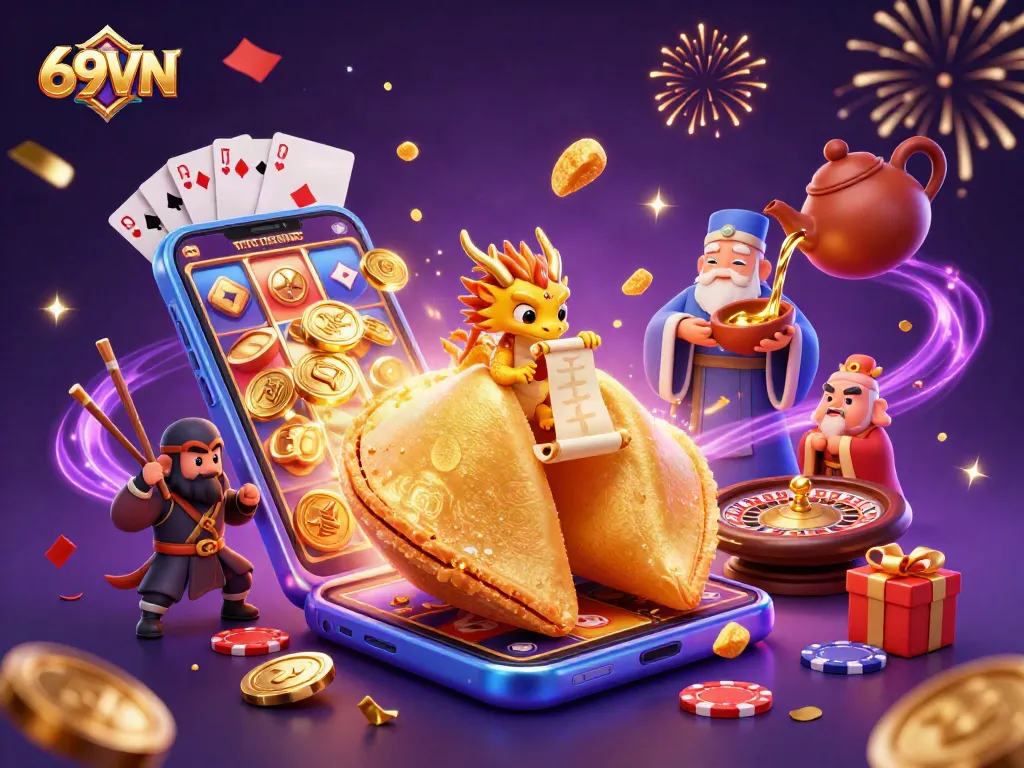 Experience thrilling gameplay at 69VN with golden coins, spinning reels, and dynamic casino elements.