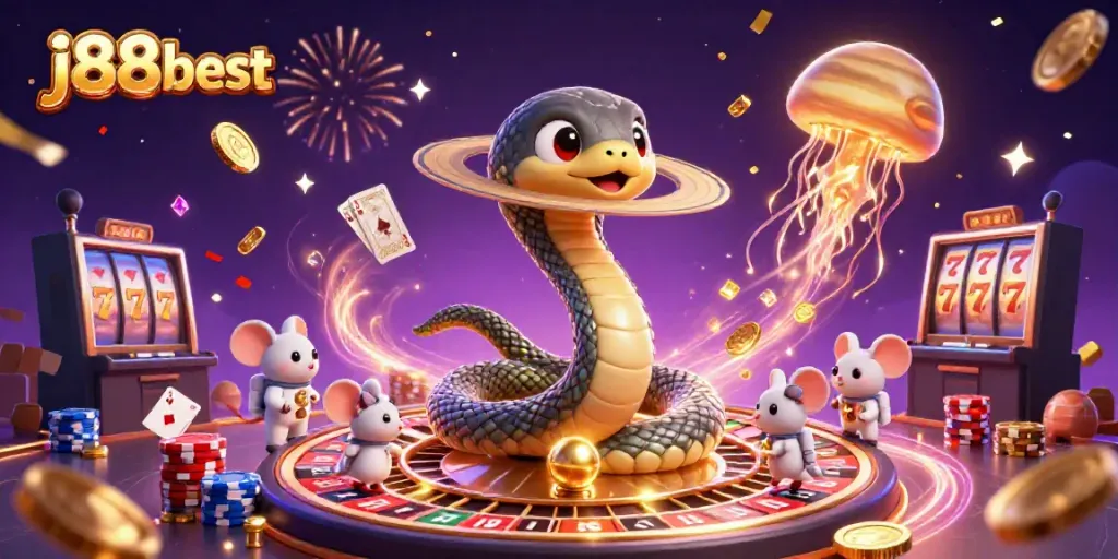 Experience thrilling bets with j88best in this vibrant casino-themed cosmic scene.