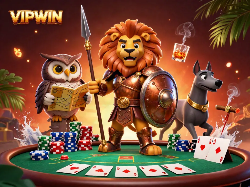 Experience ultimate wins at VIPWIN with a thrilling poker showdown featuring a Spartan lion, owl strategist, and greyhound messenger.