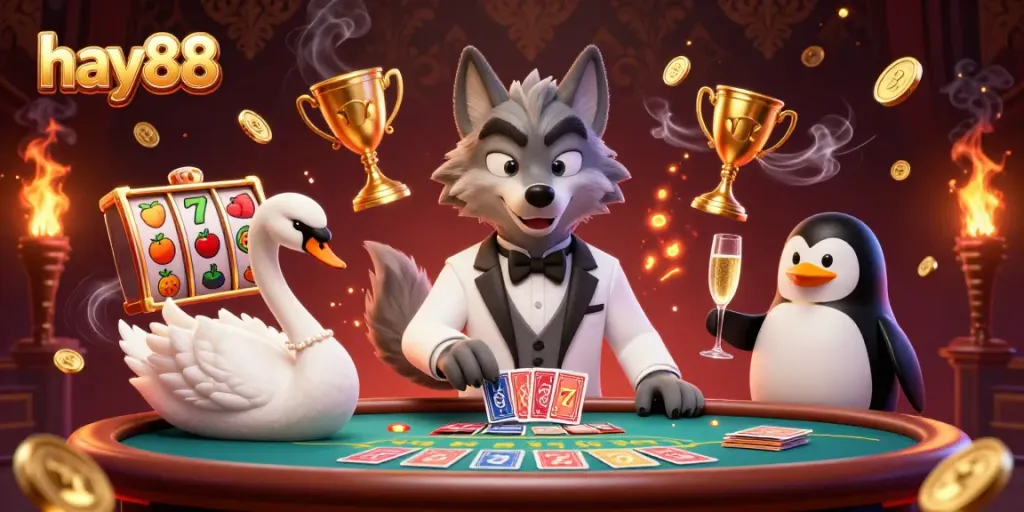 Experience the excitement of hay88 with a vibrant 3D casino scene featuring a debonair wolf and elegant characters.