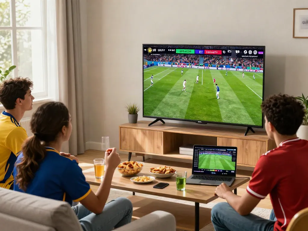 Fans enjoying a live football match via XOILACTV in a vibrant living room setting.