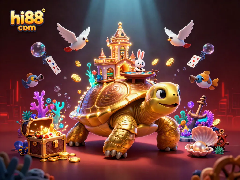 Experience the thrill at hi88 com with our vibrant casino illustration highlighting cards, gold coins, and more!